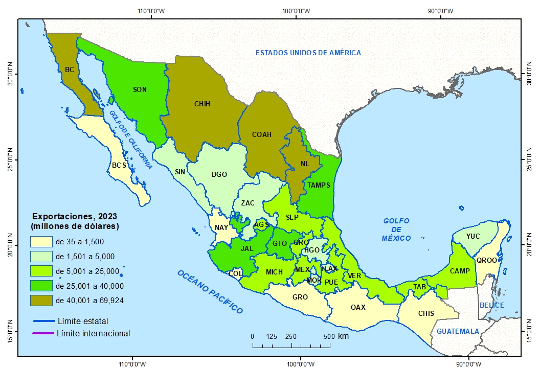 Gráfica 1.1 Exportaciones por entidad federativa, 2023. Fuente: INEGI.