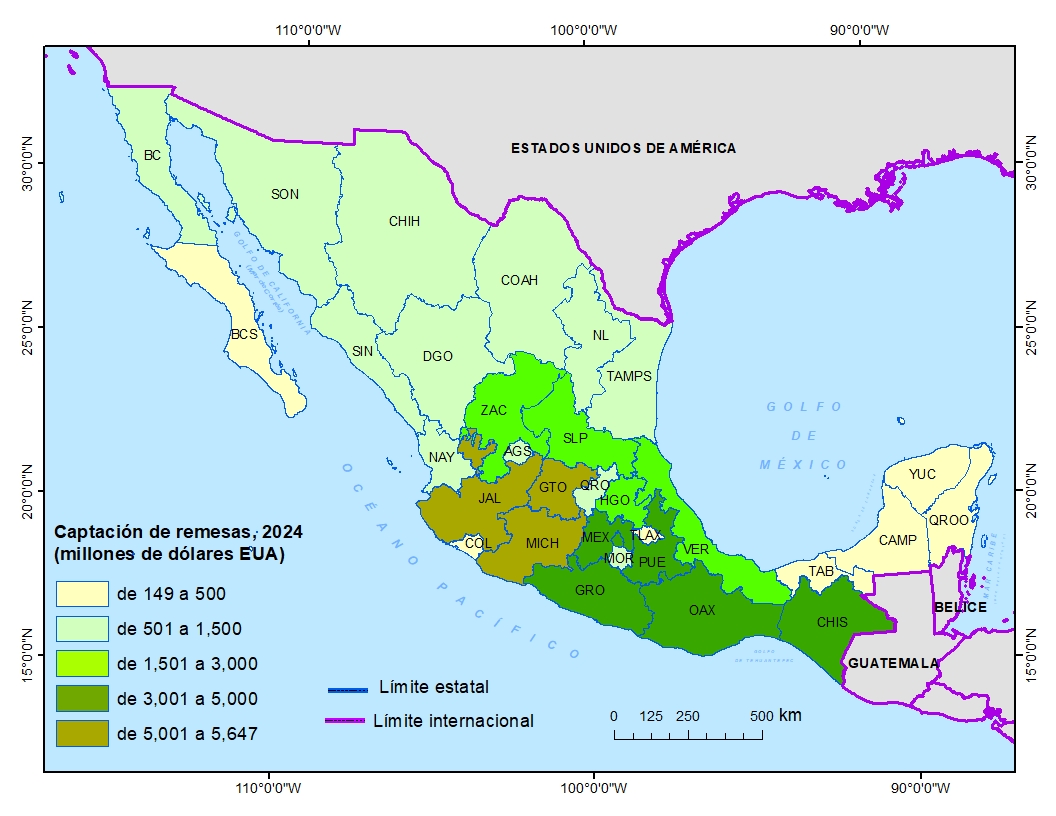 Mapa 2.1. Recepción de remesas por entidad federativa, 2023. Fuente: Elaboración propia con datos de Banco de México. Sistema de Información Económica.