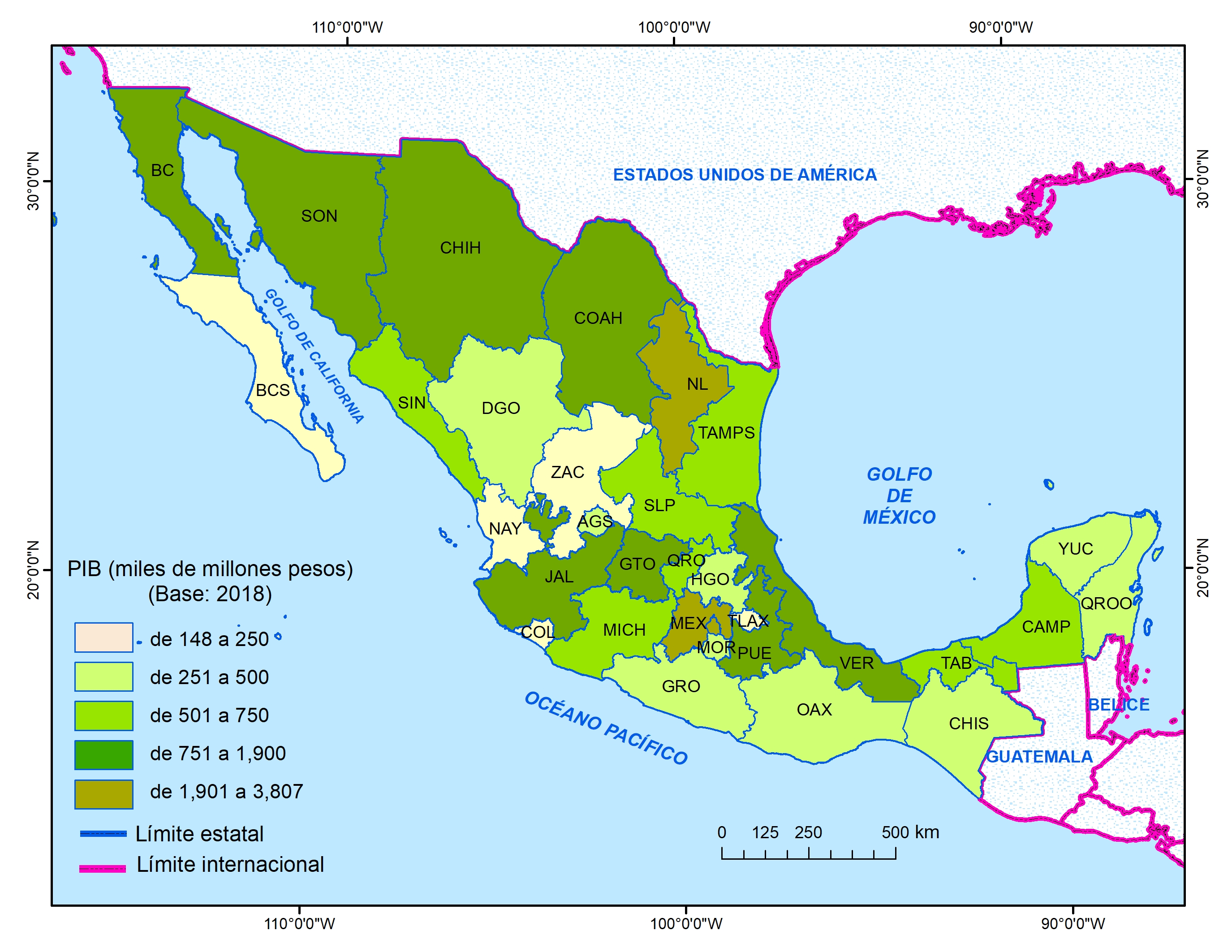 Gráfica 3.1 México: PIB por entidad federativa, 2023. Fuente: Elaboración propia con datos de INEGI. Cuentas Nacionales (BIE, 2025).