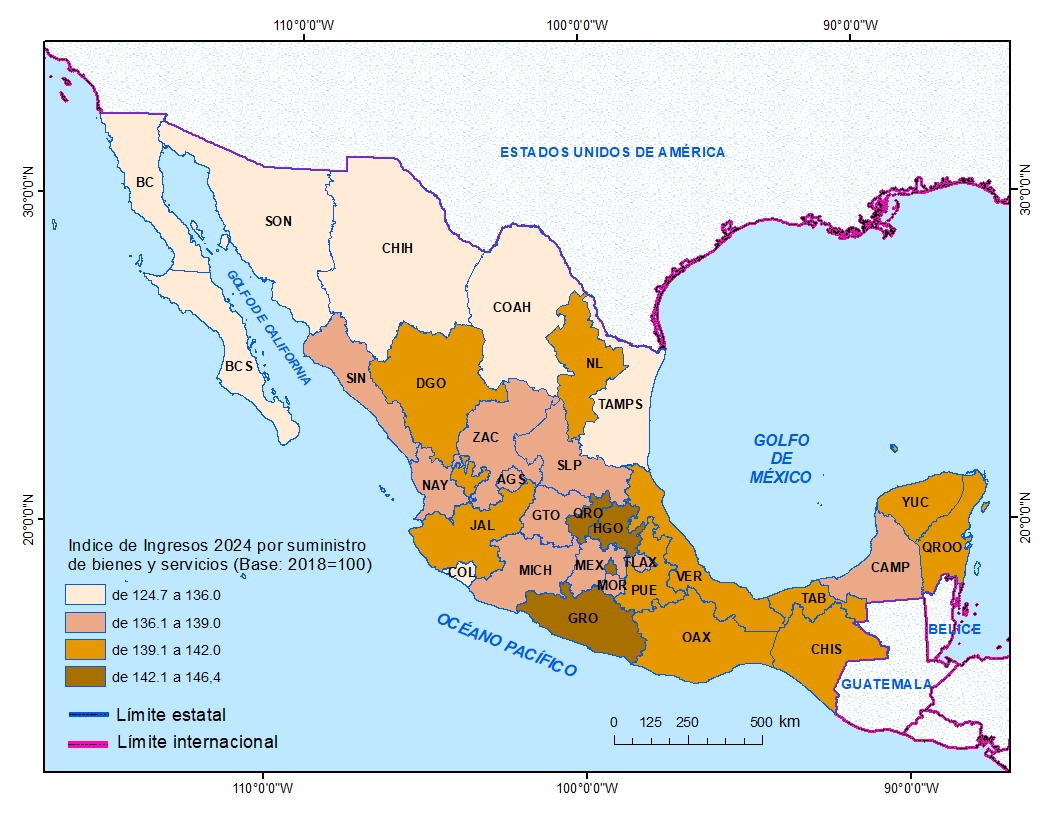 Mapa 5.1 Índice general de ingresos por suministro de bienes y servicios. (Base: 2018=100). Fuente: Elaboración propia con datos de INEGI. Encuesta Mensual Sobre Empresas Comerciales (EMEC, 2025).