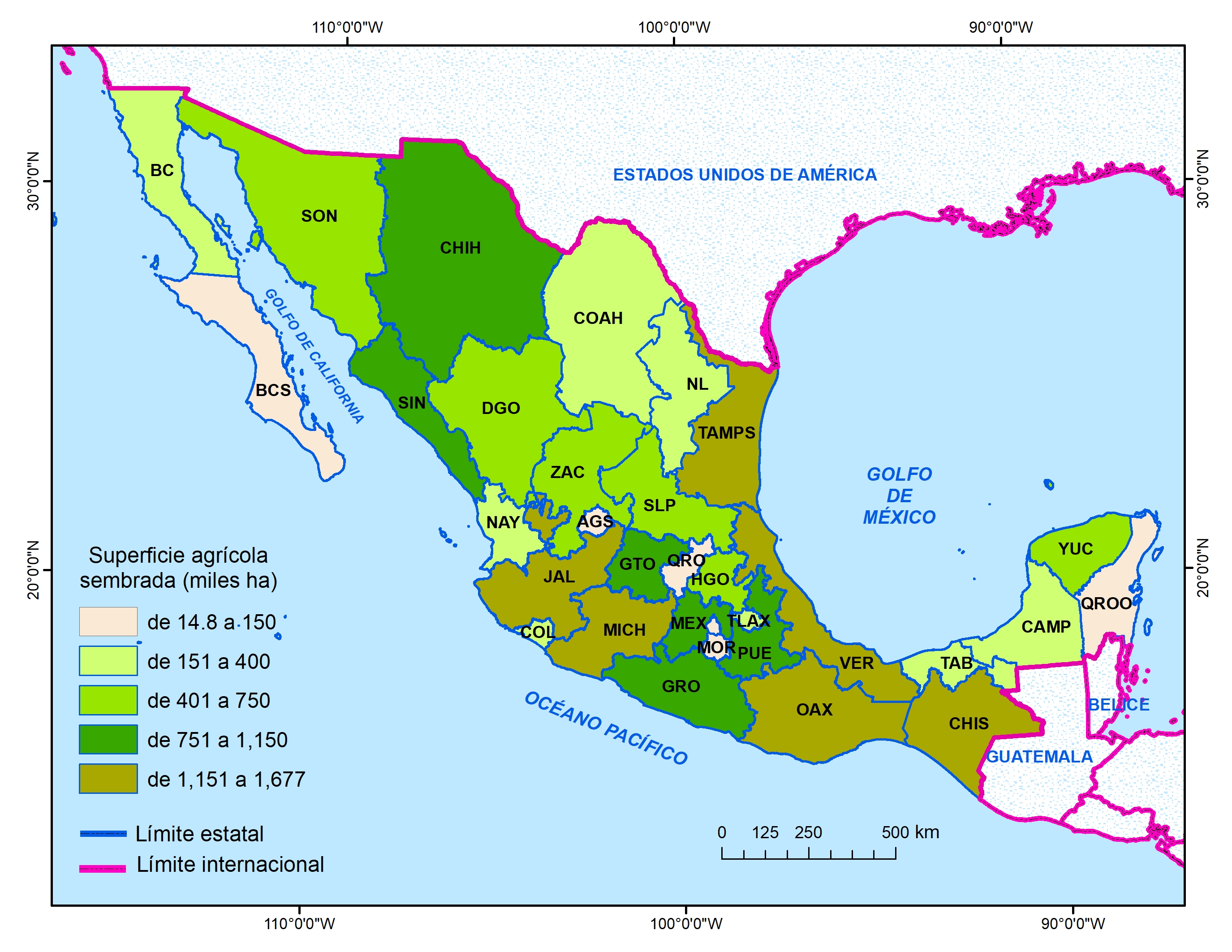 Mapa 6.1 Superficie agrícola sembrada por entidad federativa, 2023
                    Fuente: Elaboración propia con datos de Sistema de Información Agropecuaria y Pesquera (SIAP. 2025).