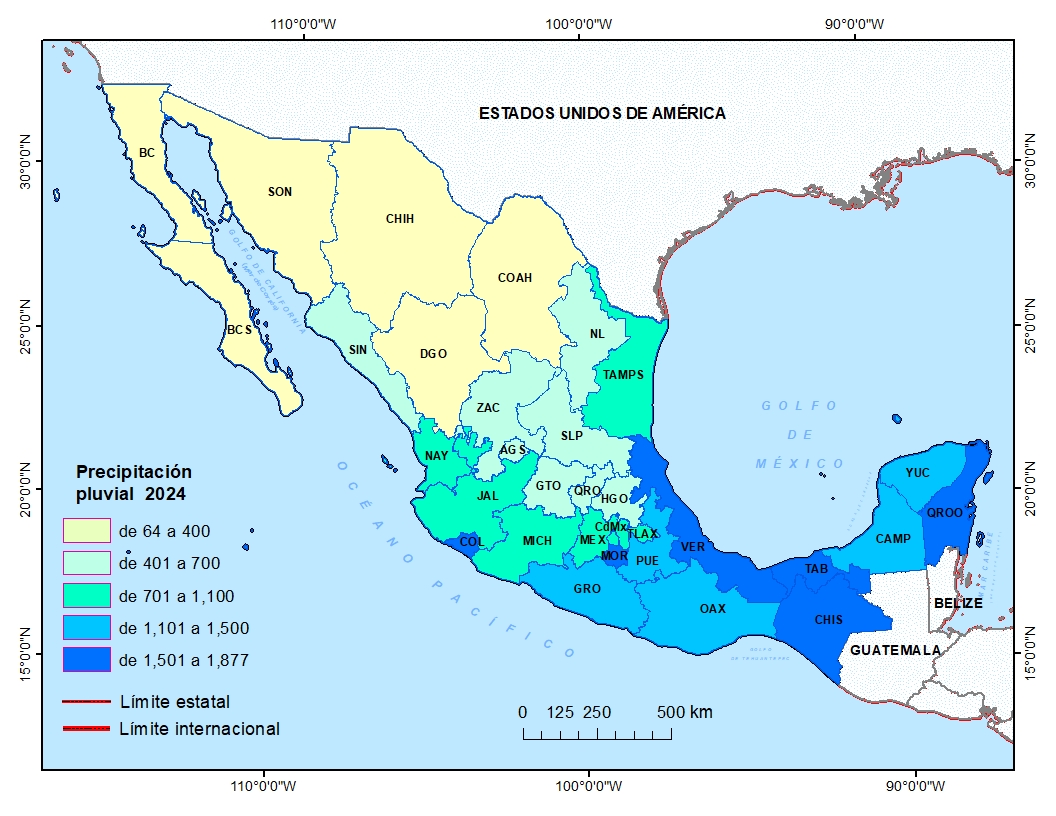 Mapa 6.2. Precipitación pluvial por entidad federativa, 2024. Fuente: Elaboración propia con datos de CONAGUA. Servicios Meteorológico Nacional, 2025.